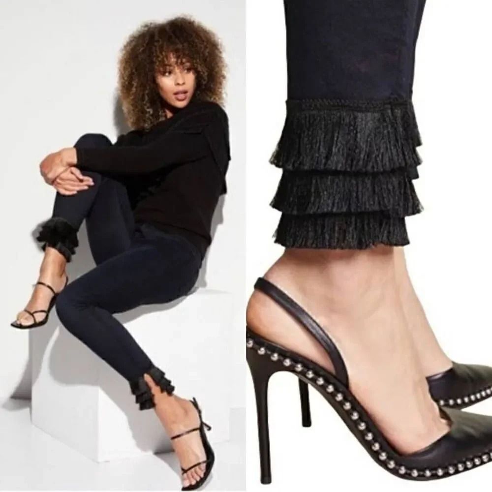 FRAME Denim High Rise Le High Skinny Triple Ankle Fringe Jeans Midnight Blue 25